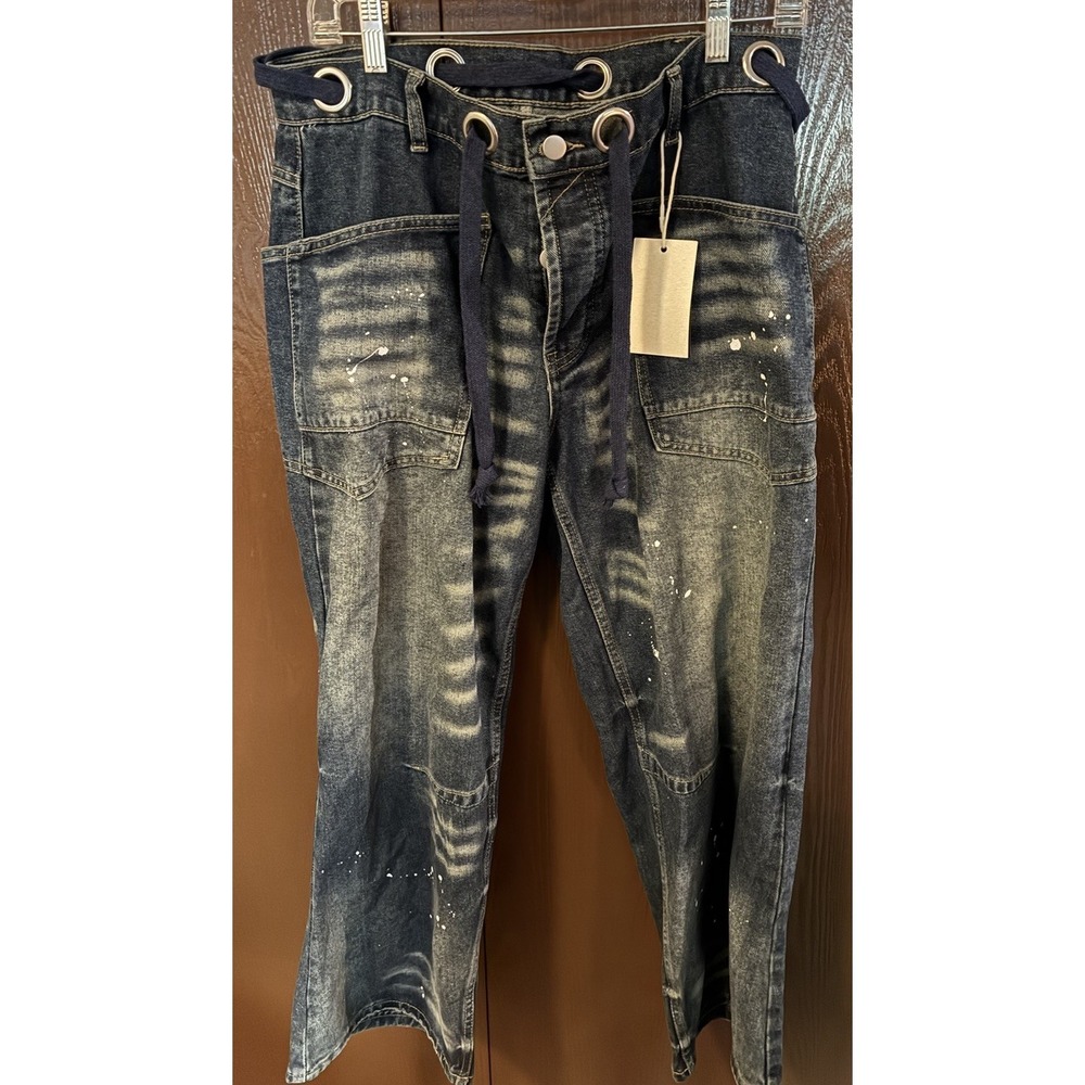 Flamingals Wide Leg Mid Waist Baggy Barrel Women's Jeans Sz L Paint Splatter NWT